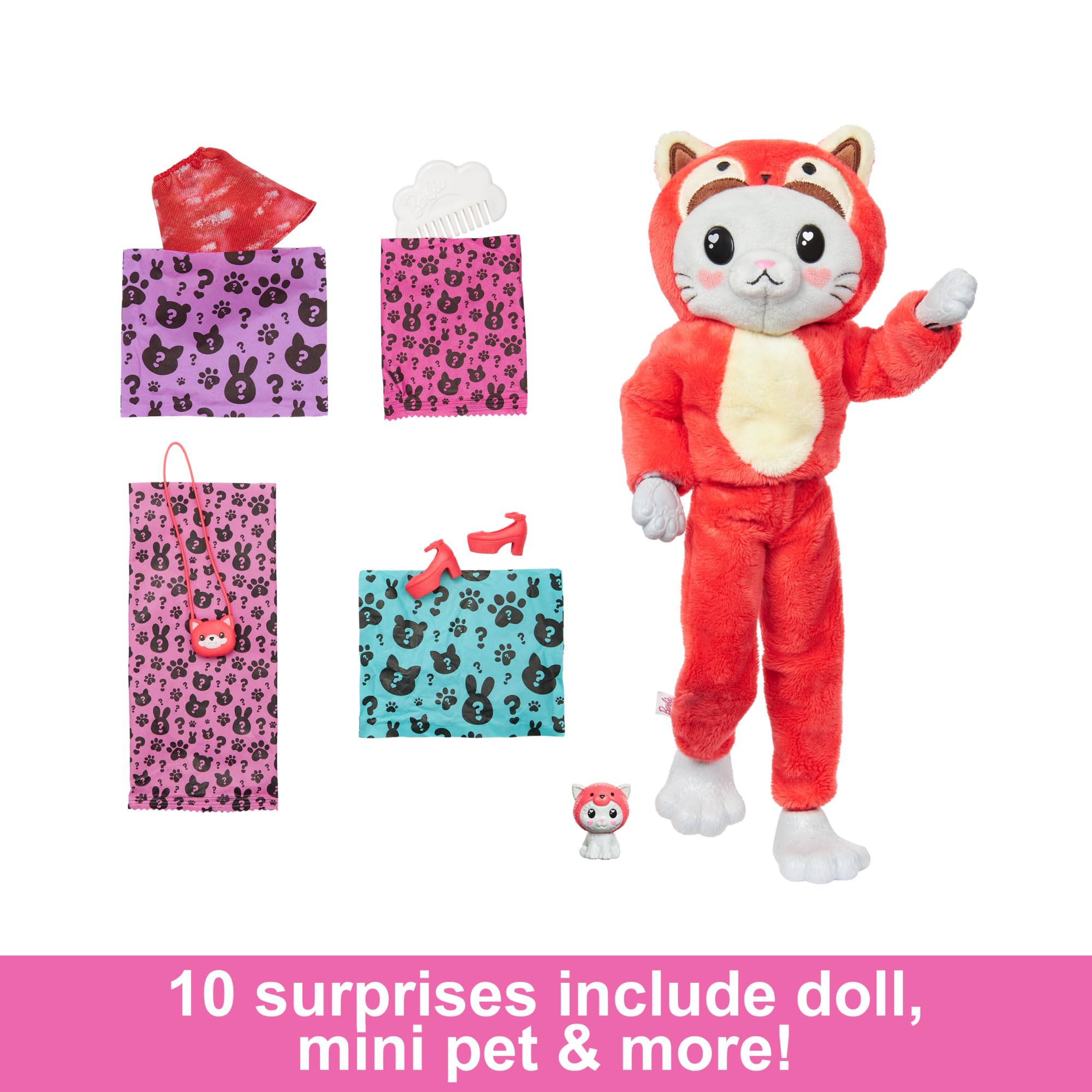 Barbie Cutie Reveal teddy bear in dolphin costume beside soft, cuddly styling details.