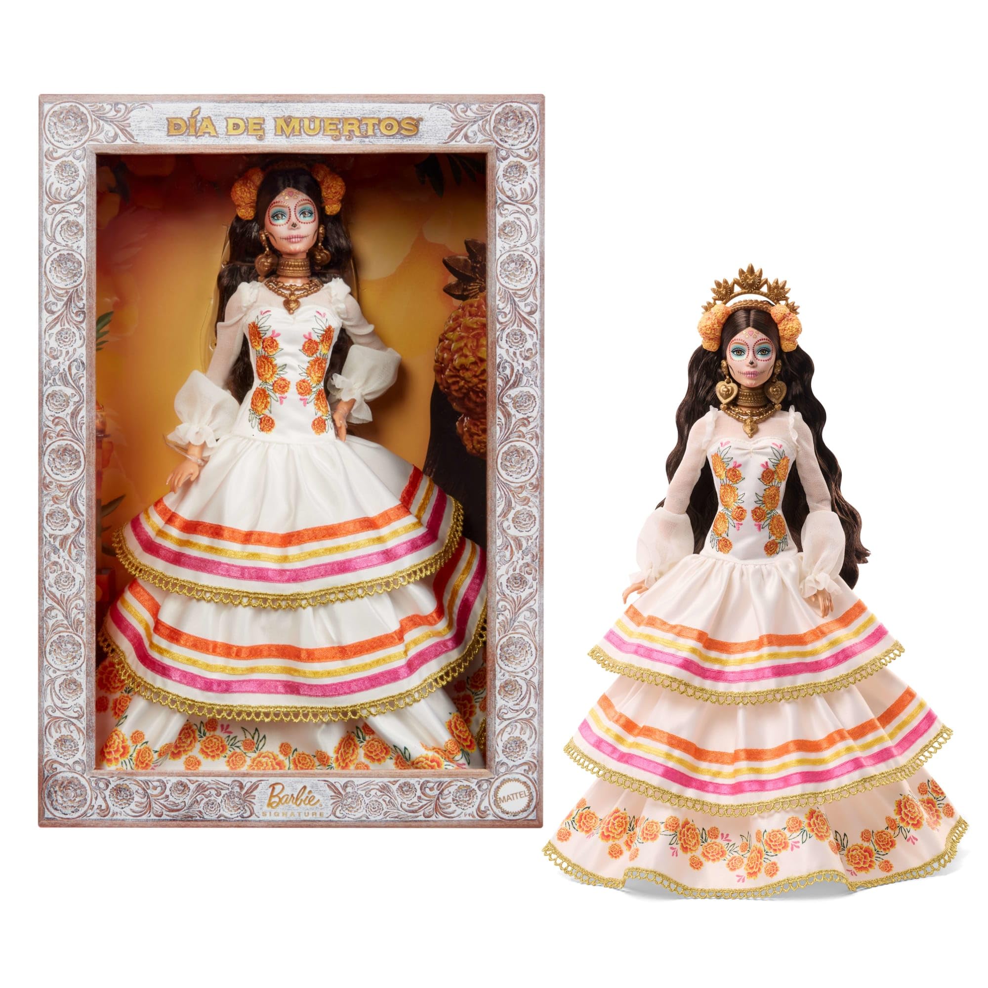 Barbie Day of the Dead 2025 doll in cream gown highlights marigold-inspired fashion for display.