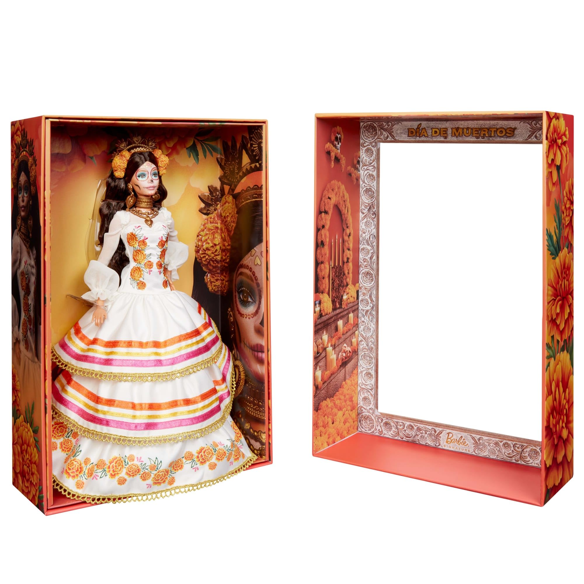 Barbie Day of the Dead 2025 doll stand included to support steady display.