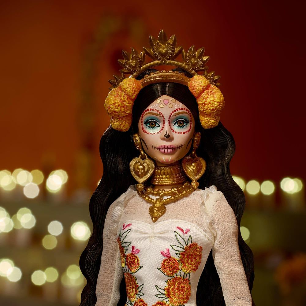 Barbie Day of the Dead 2025 doll marigold crown frames calavera makeup for festive display.