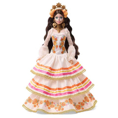 Barbie Day of the Dead 2025 doll features a ruffled cream gown with sheer sleeves for grace.