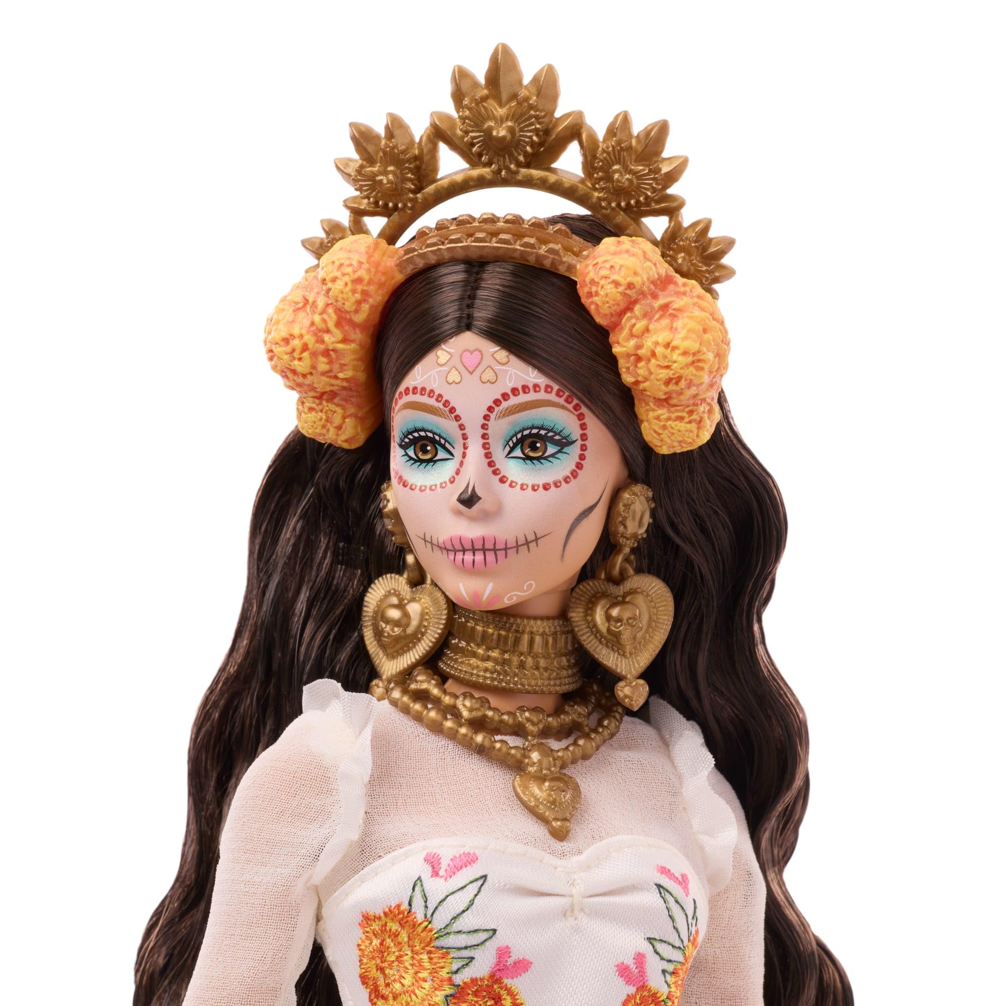 Barbie Day of the Dead 2025 doll packaging uses vibrant marigold colors to attract buyers.