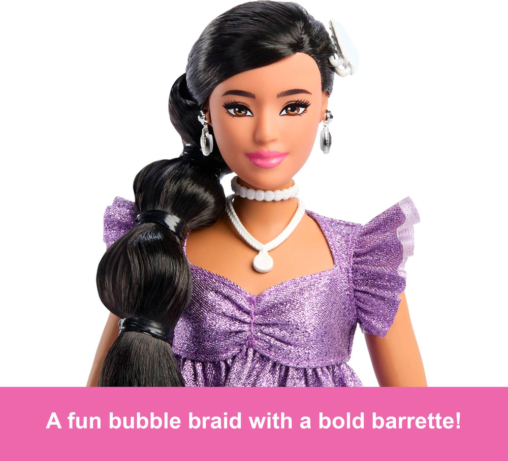 Barbie Deluxe Style Doll with black hair in a bubble braid for versatile styling.