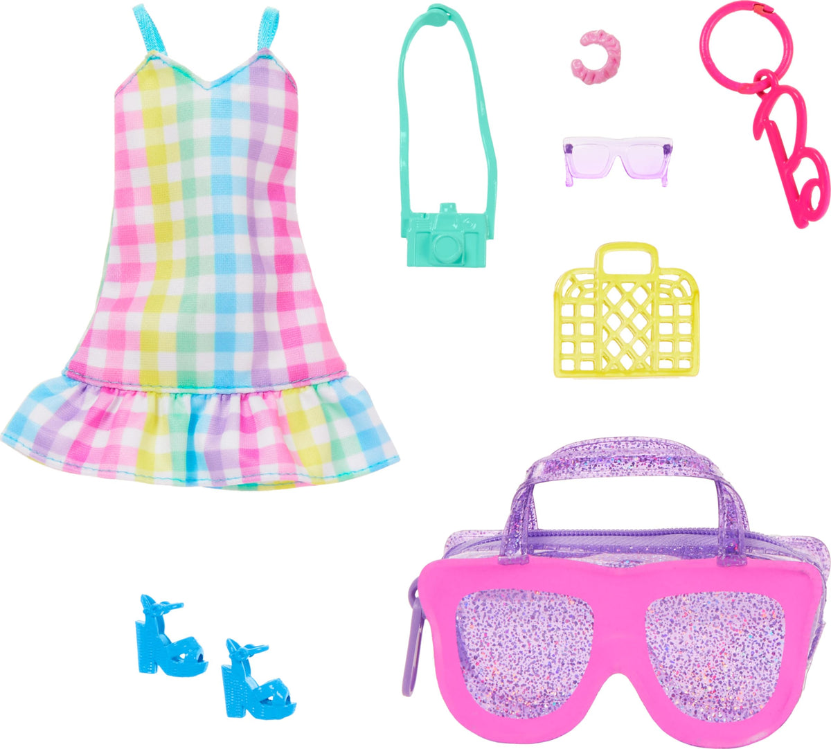 Barbie deluxe sunglasses-shaped bag with glitter for stylish on-the-go play.