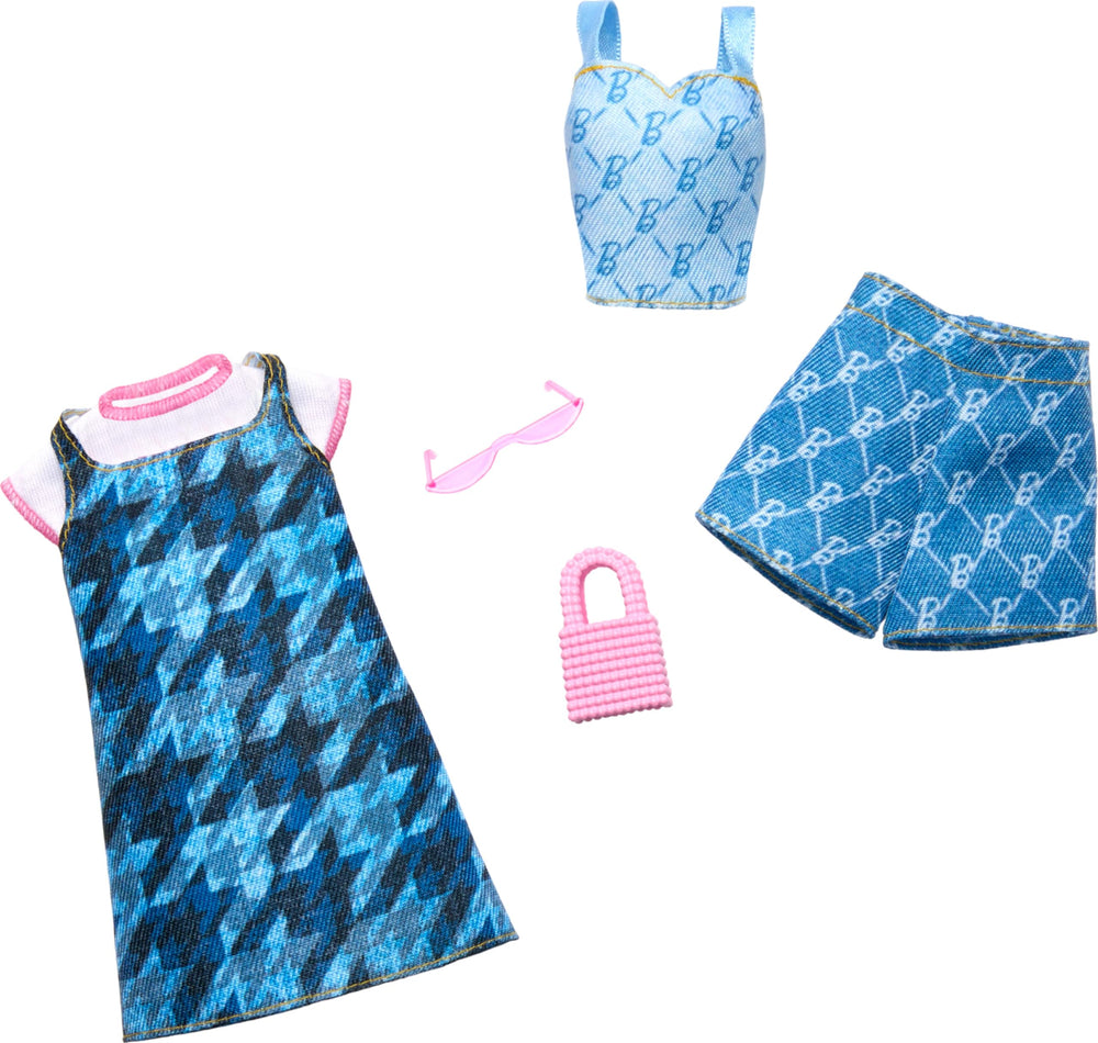 Barbie denim dress layered over a tee for versatile, mix-and-match play.