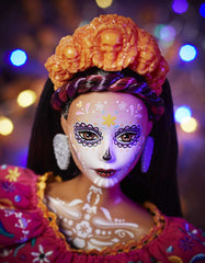 Barbie Dia De Muertos doll shows calavera face paint extending to the neck.