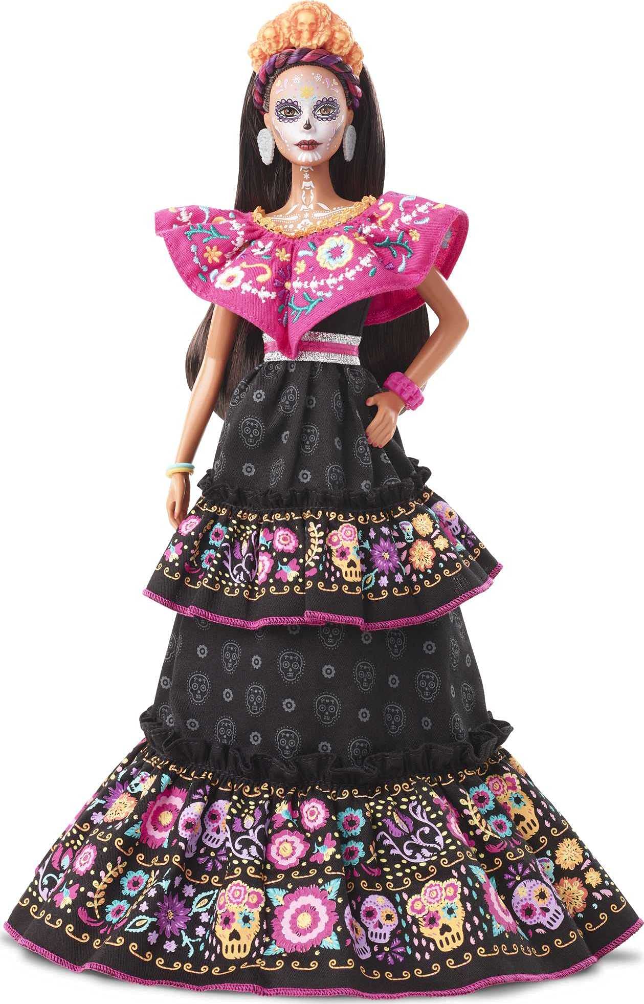 Barbie Dia De Muertos doll in embroidered dress for elegant collector display.