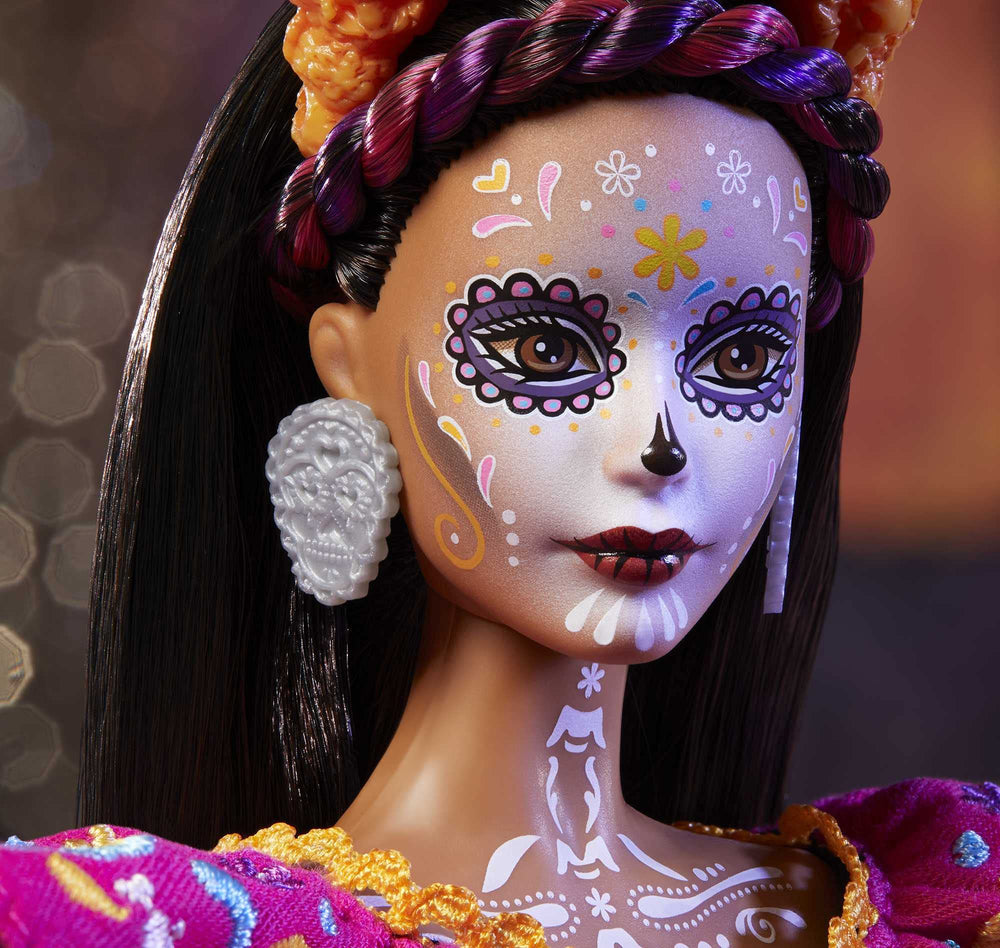 Barbie Dia De Muertos doll features marigold crown for festive display options.