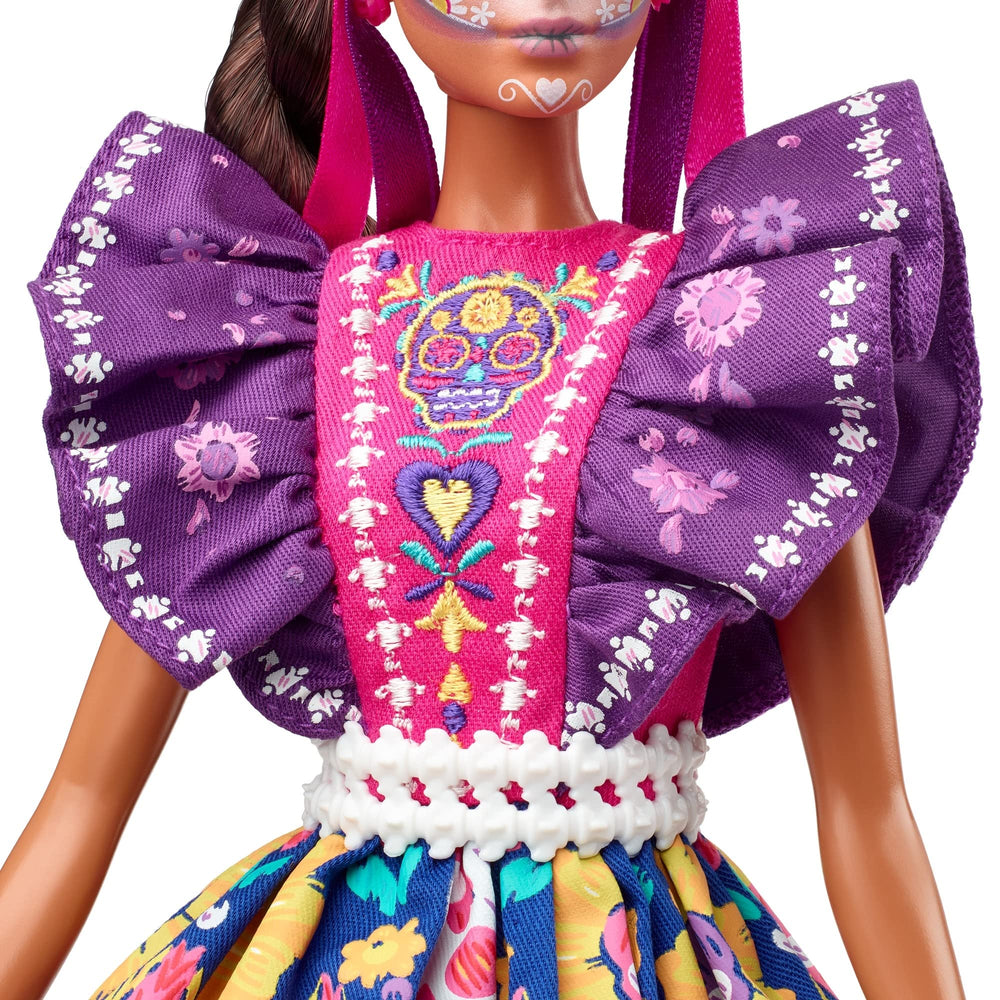 Barbie Día De Muertos included doll stand, supports stable display.