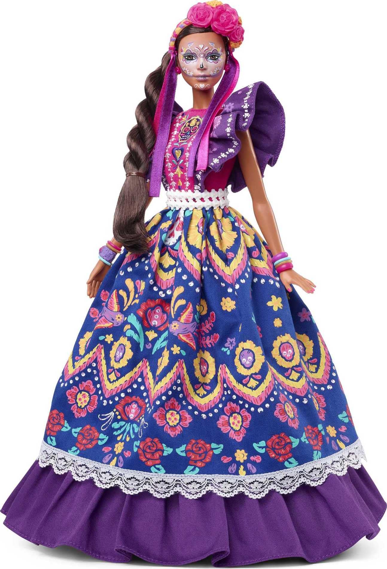Barbie Día De Muertos doll with calavera face paint, ideal for display and gifting.