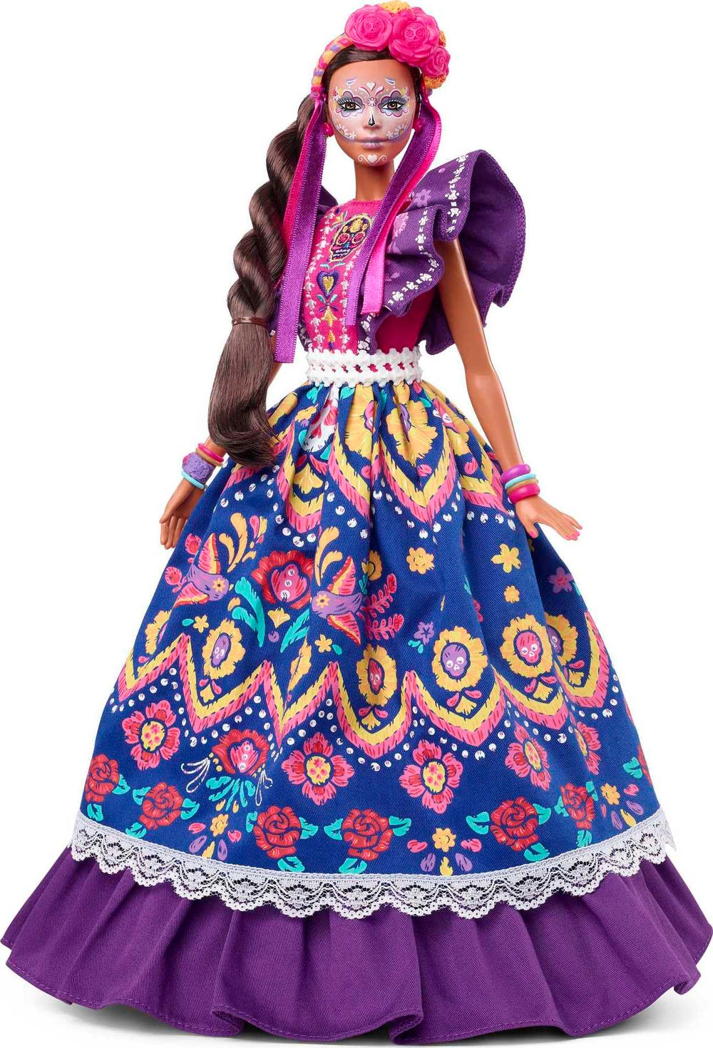 Barbie Día De Muertos doll with calavera face paint, ideal for display and gifting.