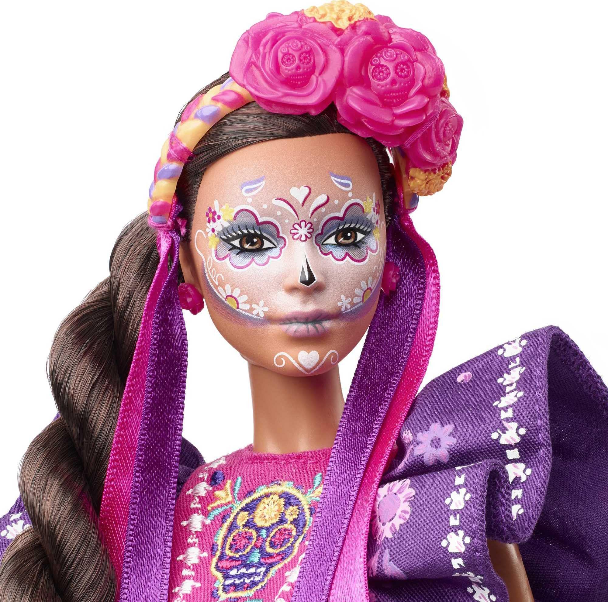 Barbie Día De Muertos dress details in royal purple, a striking collectible look.