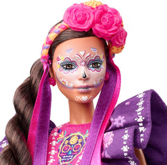 Barbie Día De Muertos dress details in royal purple, a striking collectible look.