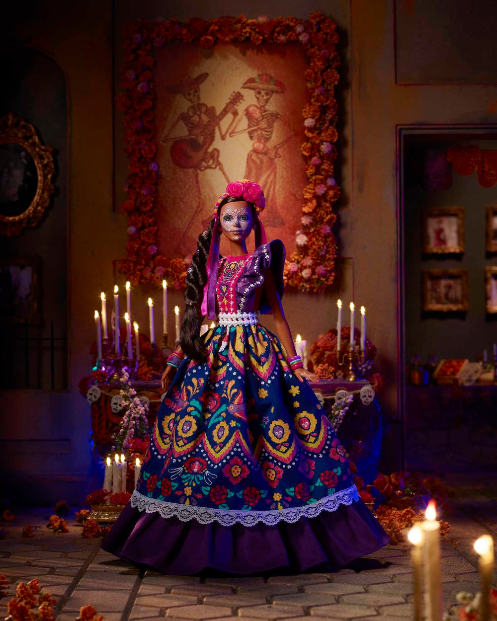 Barbie Día De Muertos face paint close-up, showcases festive artistry on the doll.
