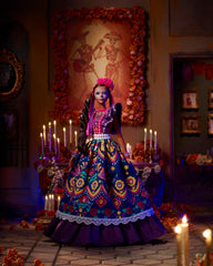 Barbie Día De Muertos face paint close-up, showcases festive artistry on the doll.