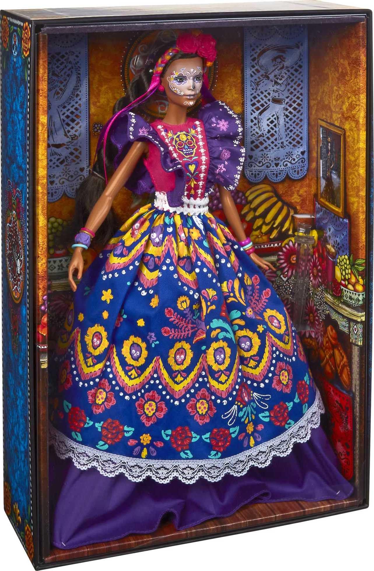 Barbie Día De Muertos vibrant flower crown with ribbons, eye-catching on shelves.