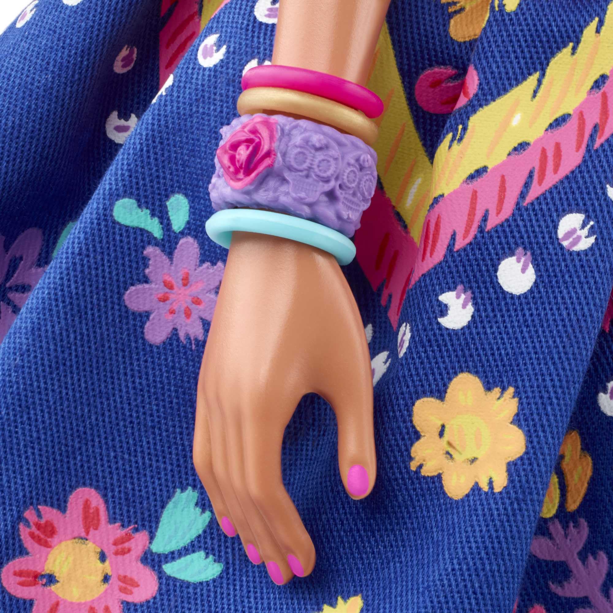 Barbie Día De Muertos pigment-print skeletons on the gown, great for display.