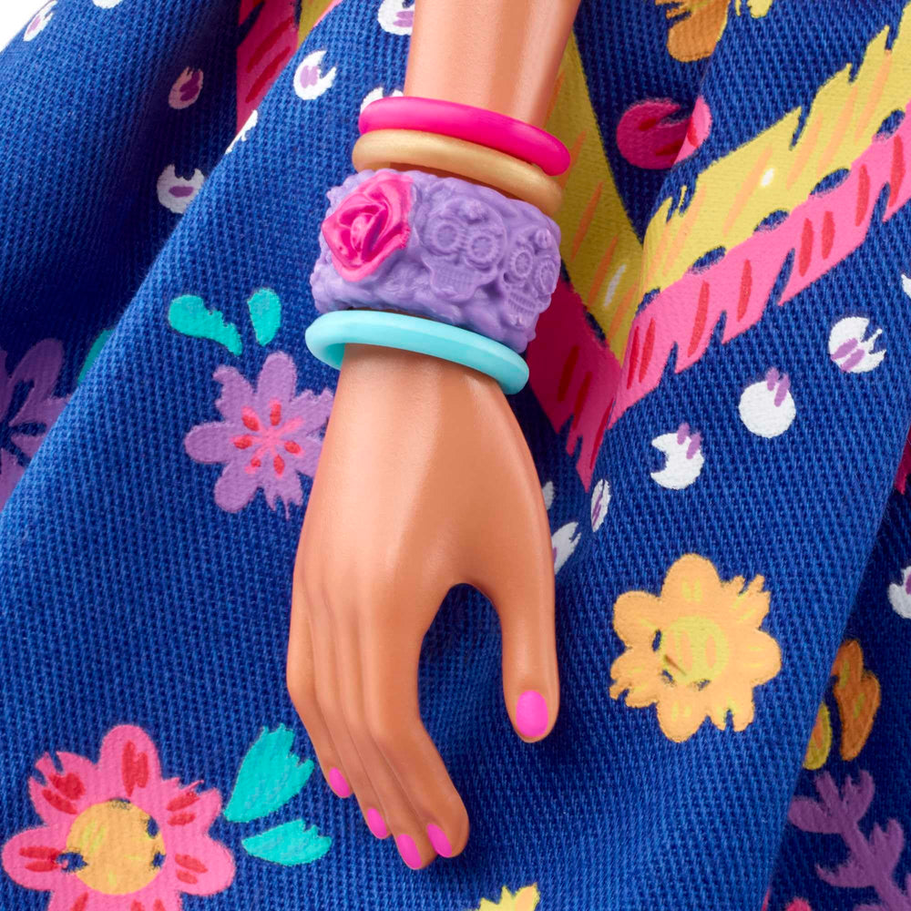 Barbie Día De Muertos pigment-print skeletons on the gown, great for display.
