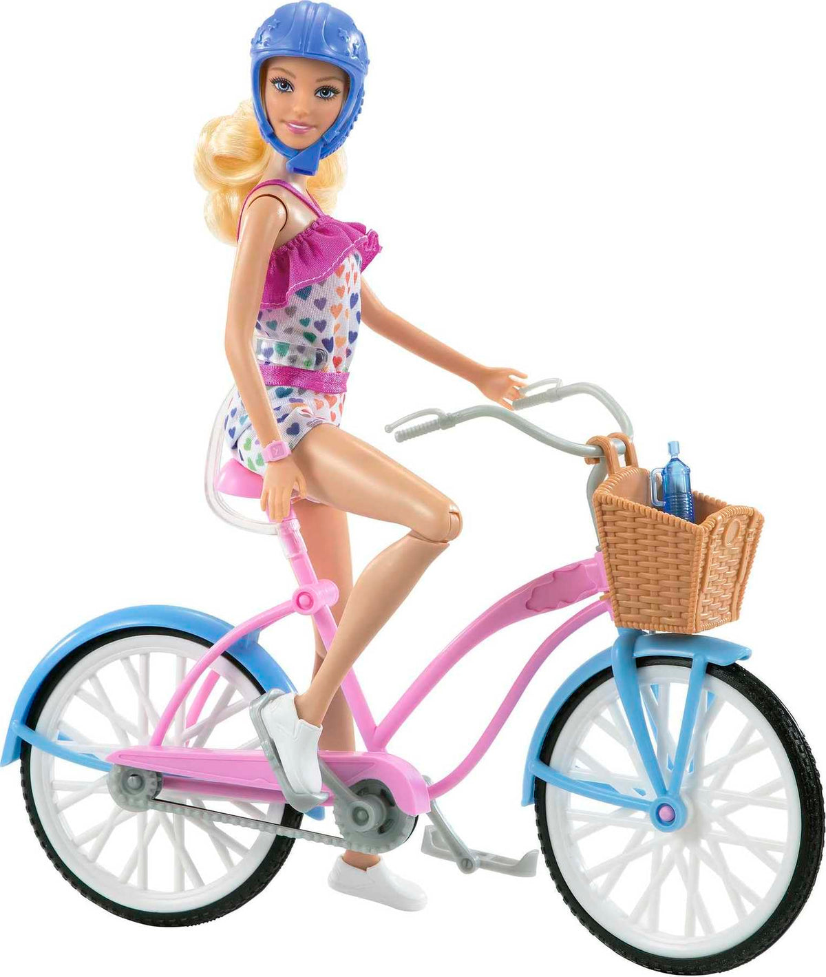 Barbie doll and bike playset with poseable doll for imaginative riding adventures.