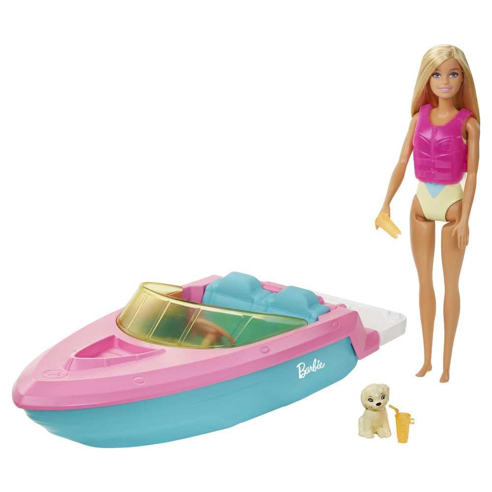 Barbie doll and boat playset with pet puppy ready for imaginative water adventures.