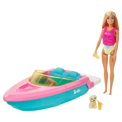 Barbie doll and boat playset with pet puppy ready for imaginative water adventures.