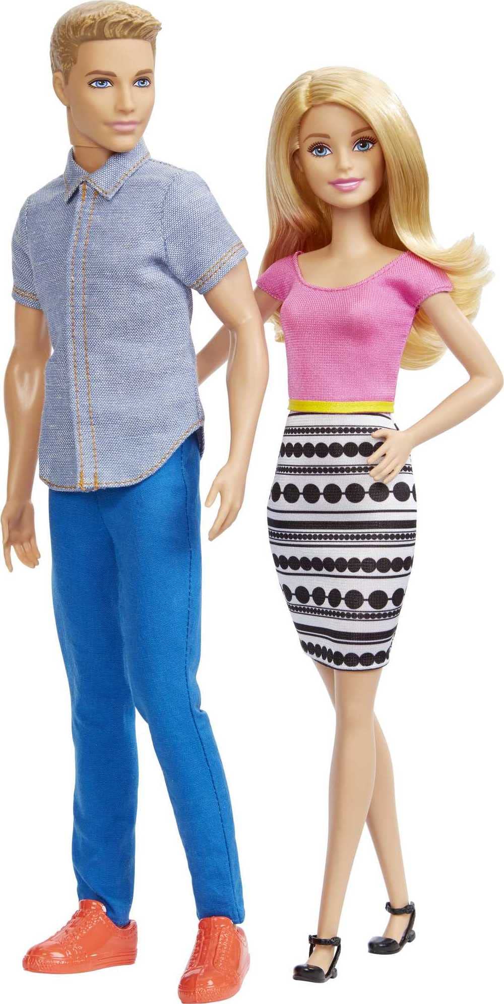 Barbie doll with pink top and graphic skirt boosts storytelling and dress-up fun.