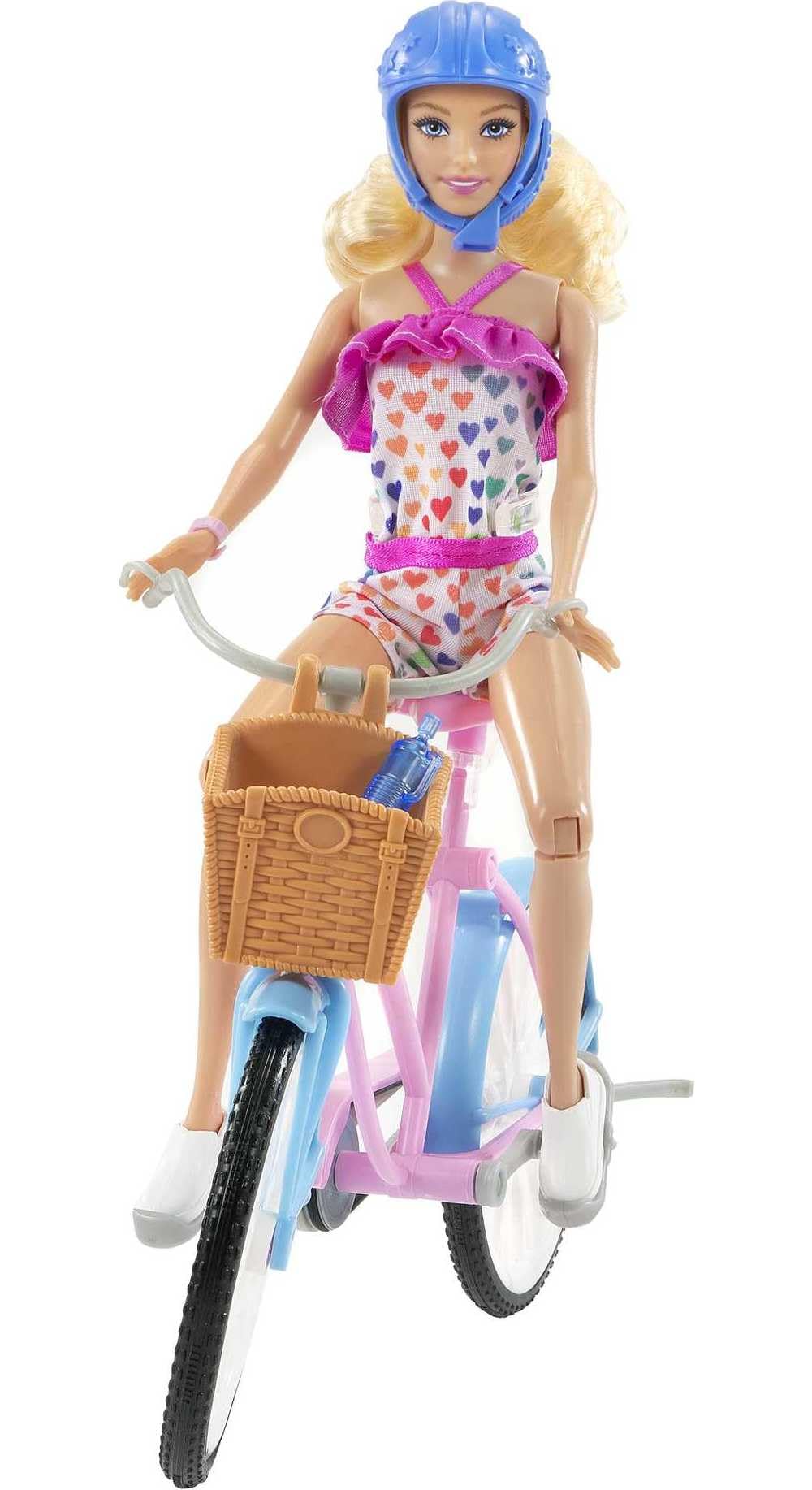Barbie romper with ruffles and rainbow heart print.