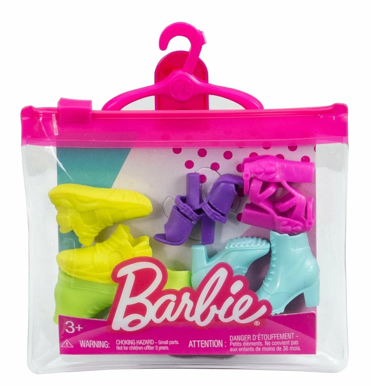 Barbie doll shoes assortment with five styles for imaginative fashion play and easy storage.