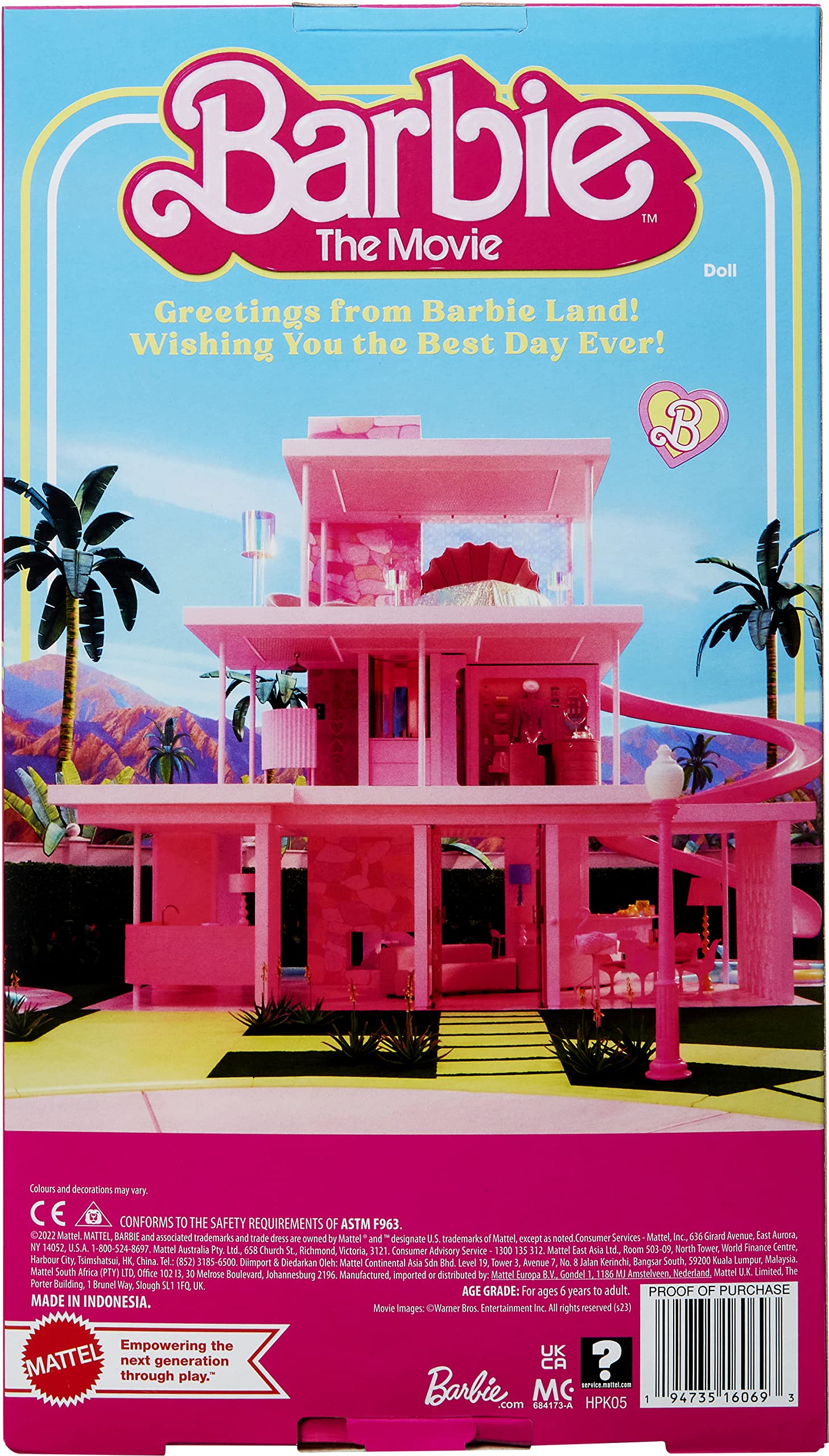 Barbie The Movie display-ready figure with included stand for upright posing.