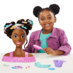 Barrettes and hair ties enable quick hairstyle changes and sharing.