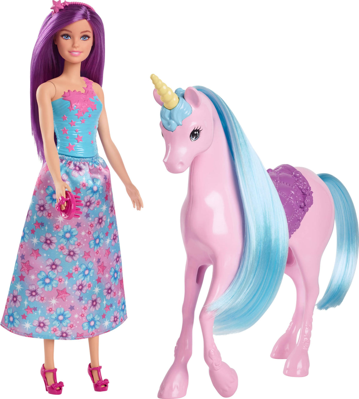 Barbie doll and unicorn fantasy playset for imaginative adventures.