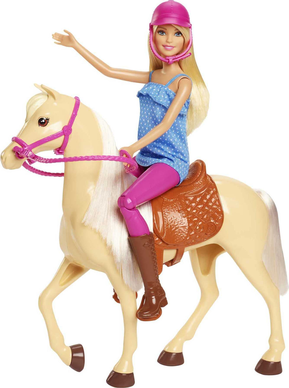 Barbie helmet and saddle accessories complete the riding set.
