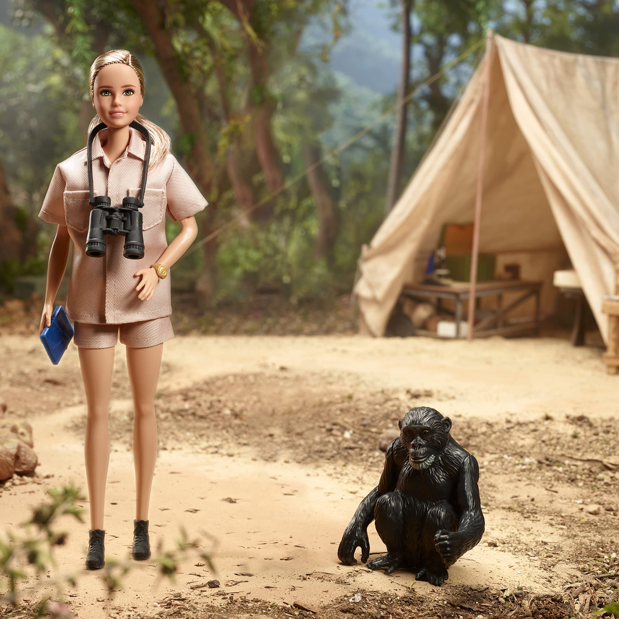 Barbie Dr. Jane Goodall doll notebook — supports journaling discoveries and notes.
