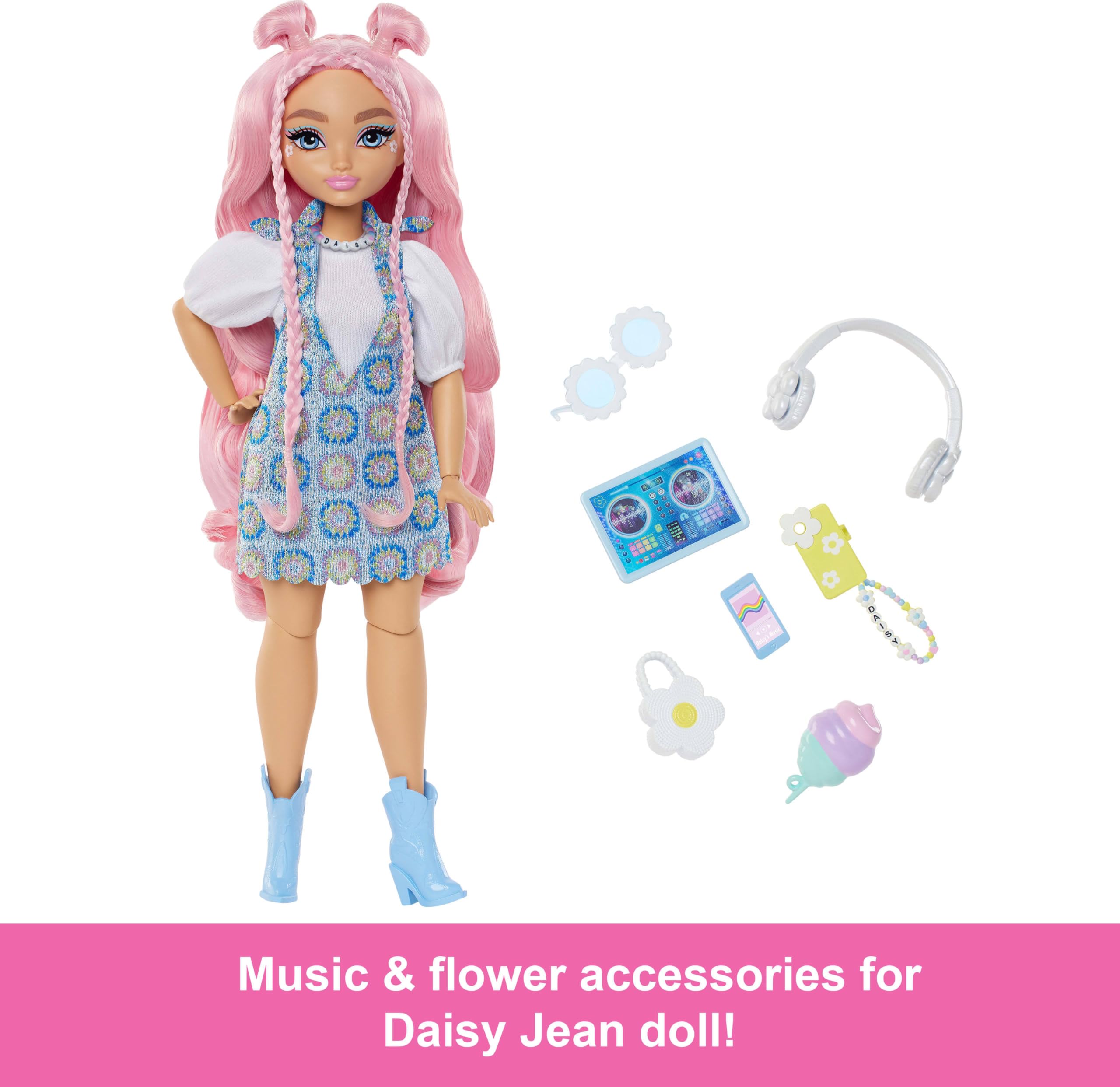 Barbie Dream Besties Daisy Jean's pink hair offers versatile styling adventures.