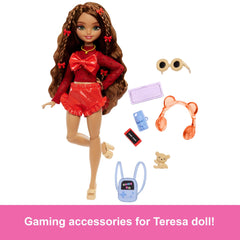 Doll shown with headphones for game-themed pretend play