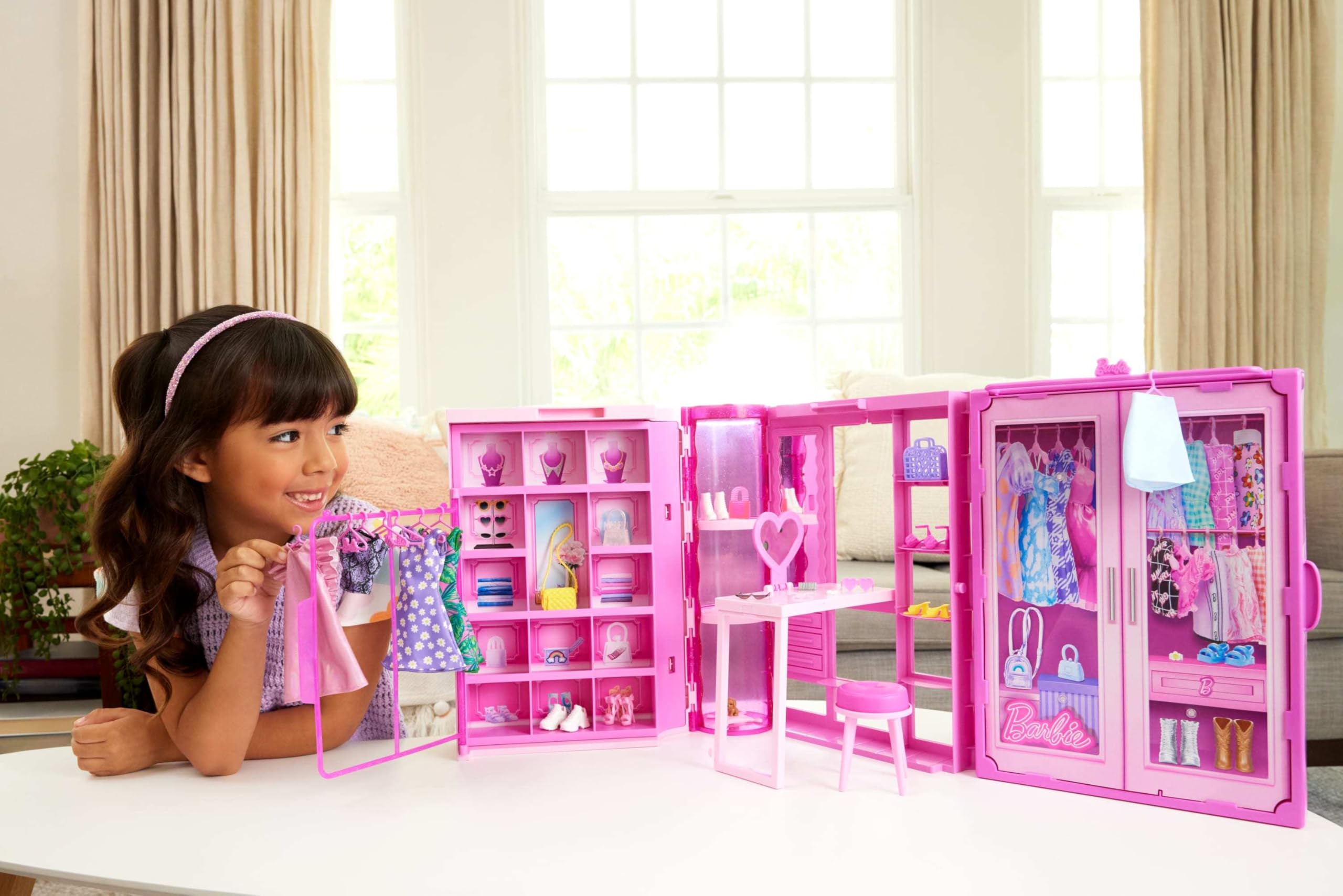 Barbie Dream Closet two clothing racks organize outfits for quick mix-and-match.