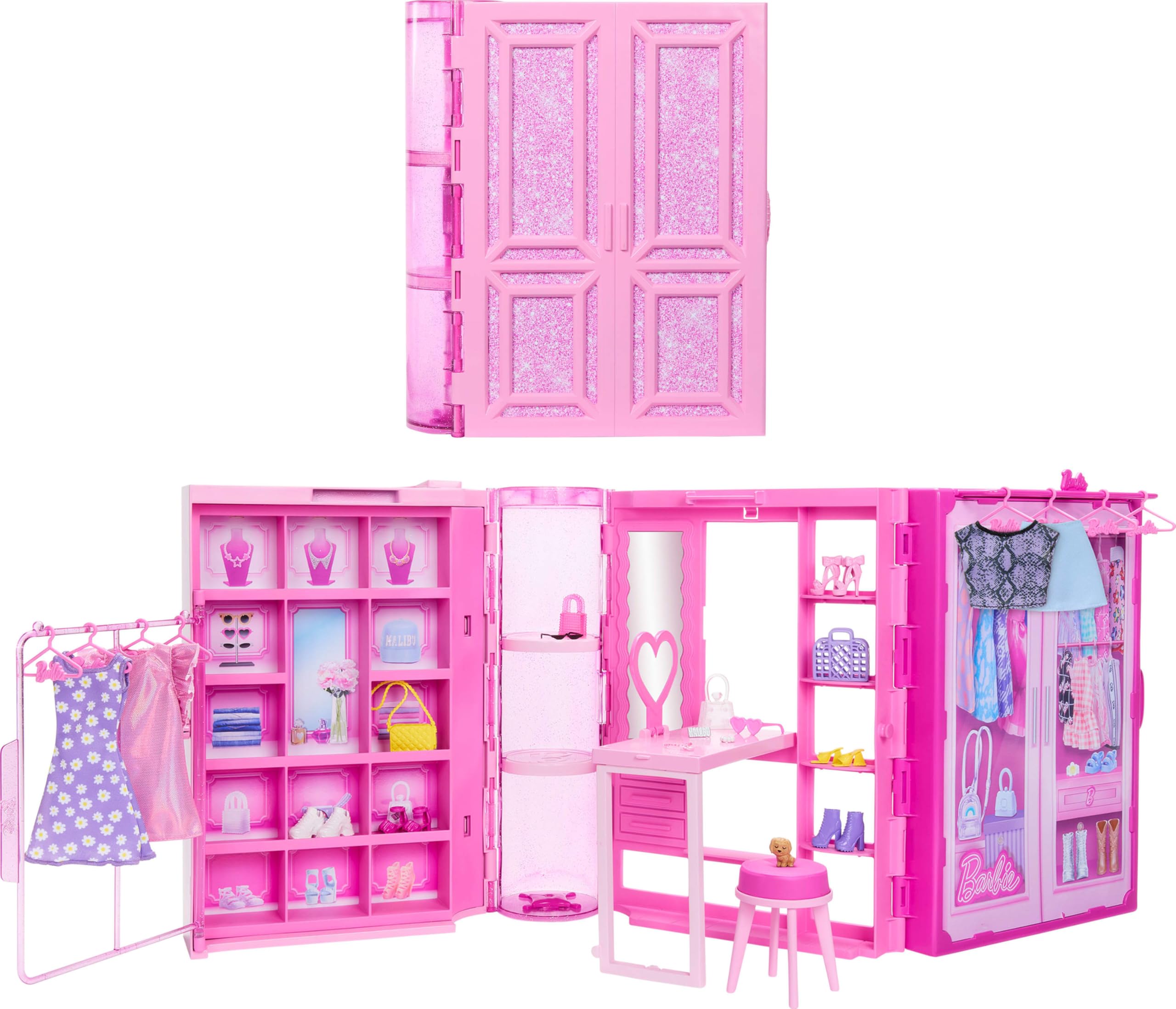 Barbie Dream Closet glittery pink wardrobe with 25+ pieces for imaginative play.