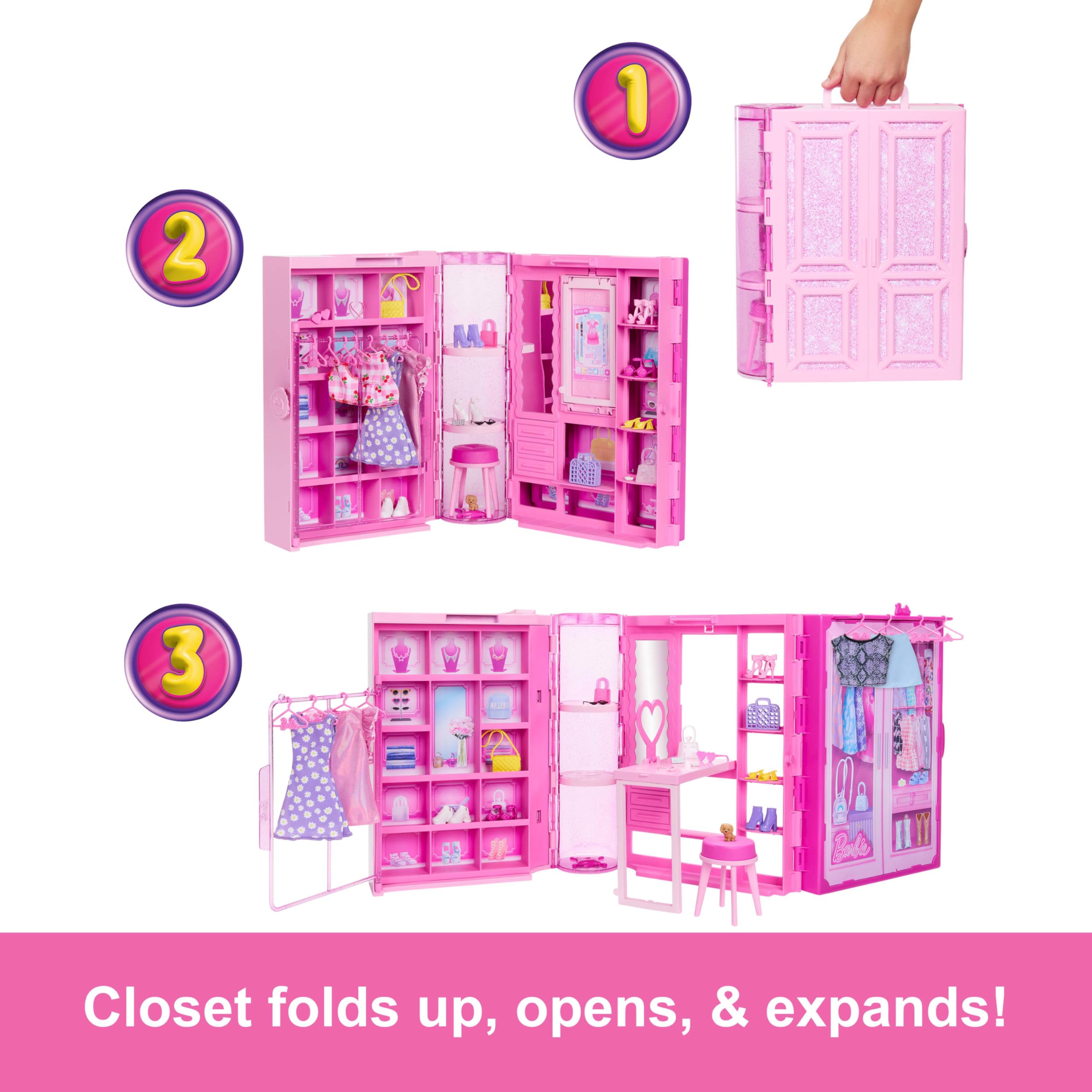 Barbie Dream Closet shoe wall and shelf keep accessories neatly displayed.