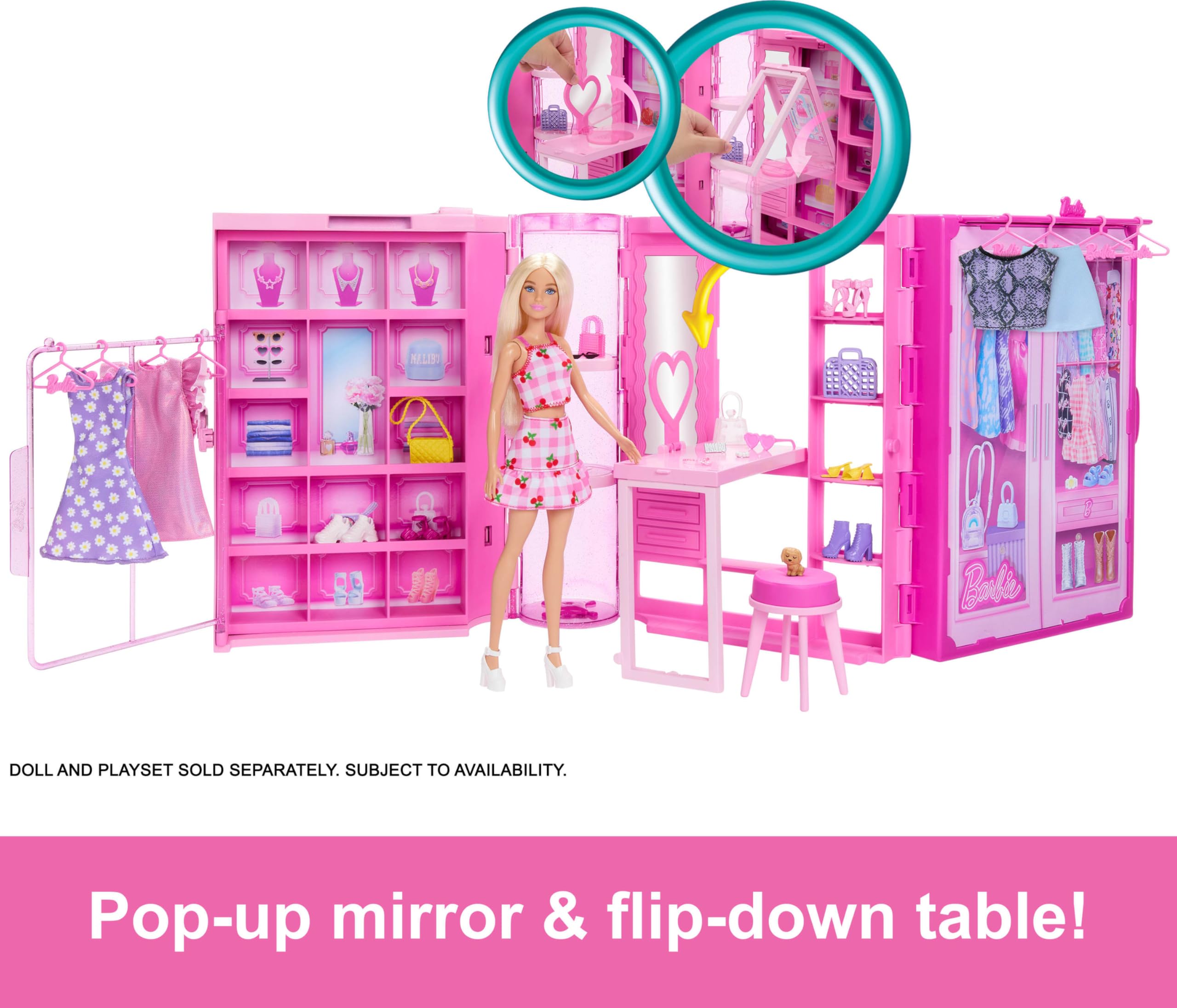 Barbie Dream Closet vanity with pop-up mirror helps dolls get ready in style.