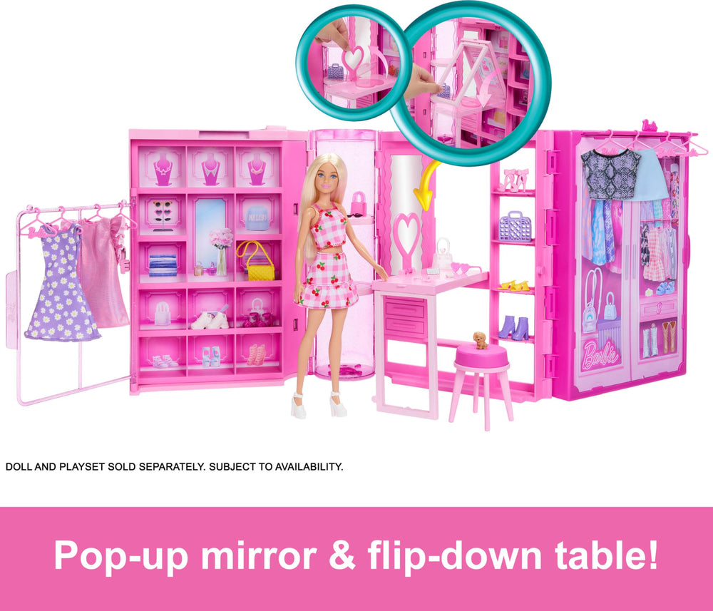 Barbie Dream Closet vanity with pop-up mirror helps dolls get ready in style.