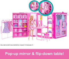 Barbie Dream Closet vanity with pop-up mirror helps dolls get ready in style.