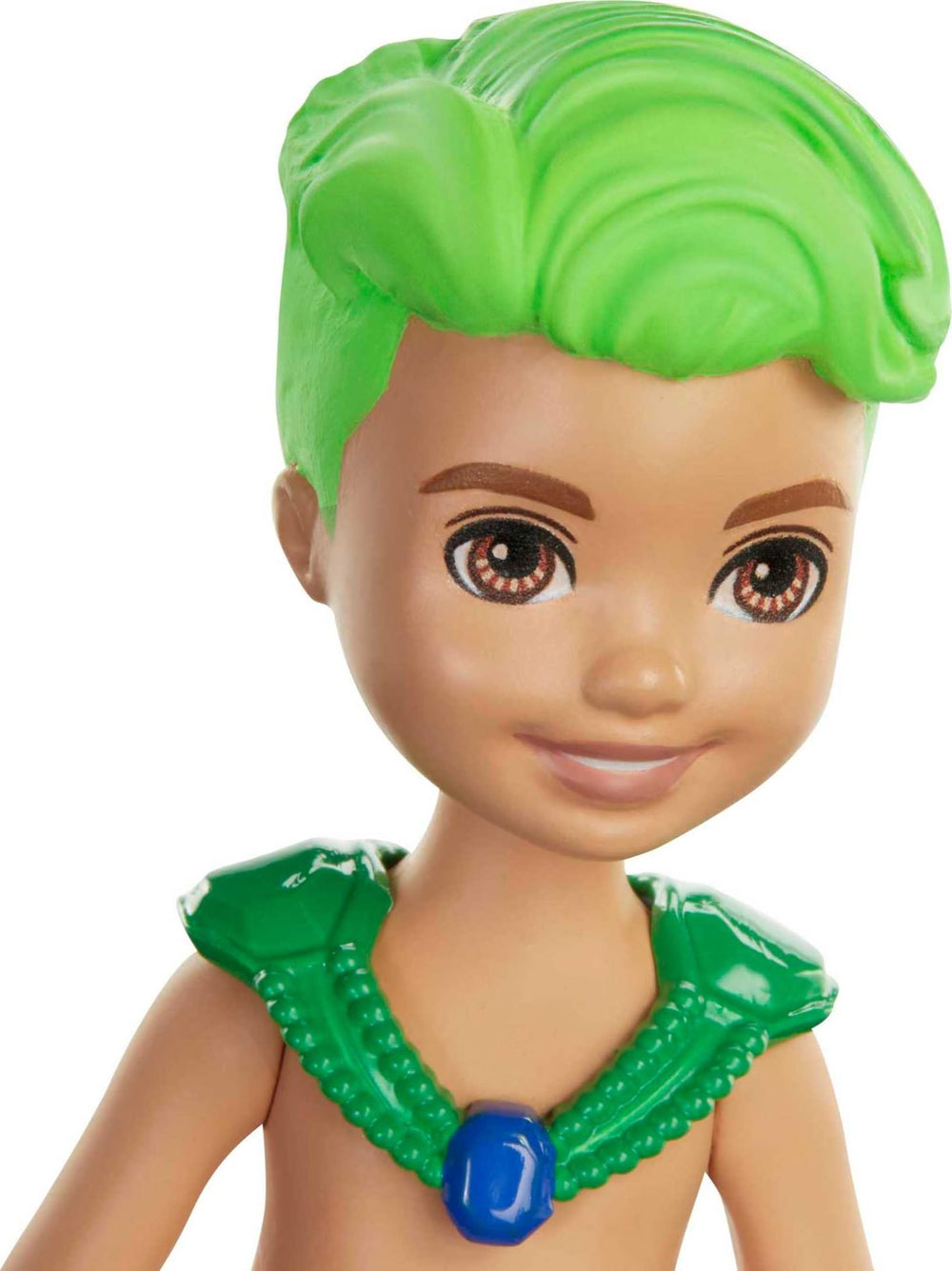 Barbie Dreamtopia Chelsea Merboy Doll features a green chest plate for colorful storytelling.