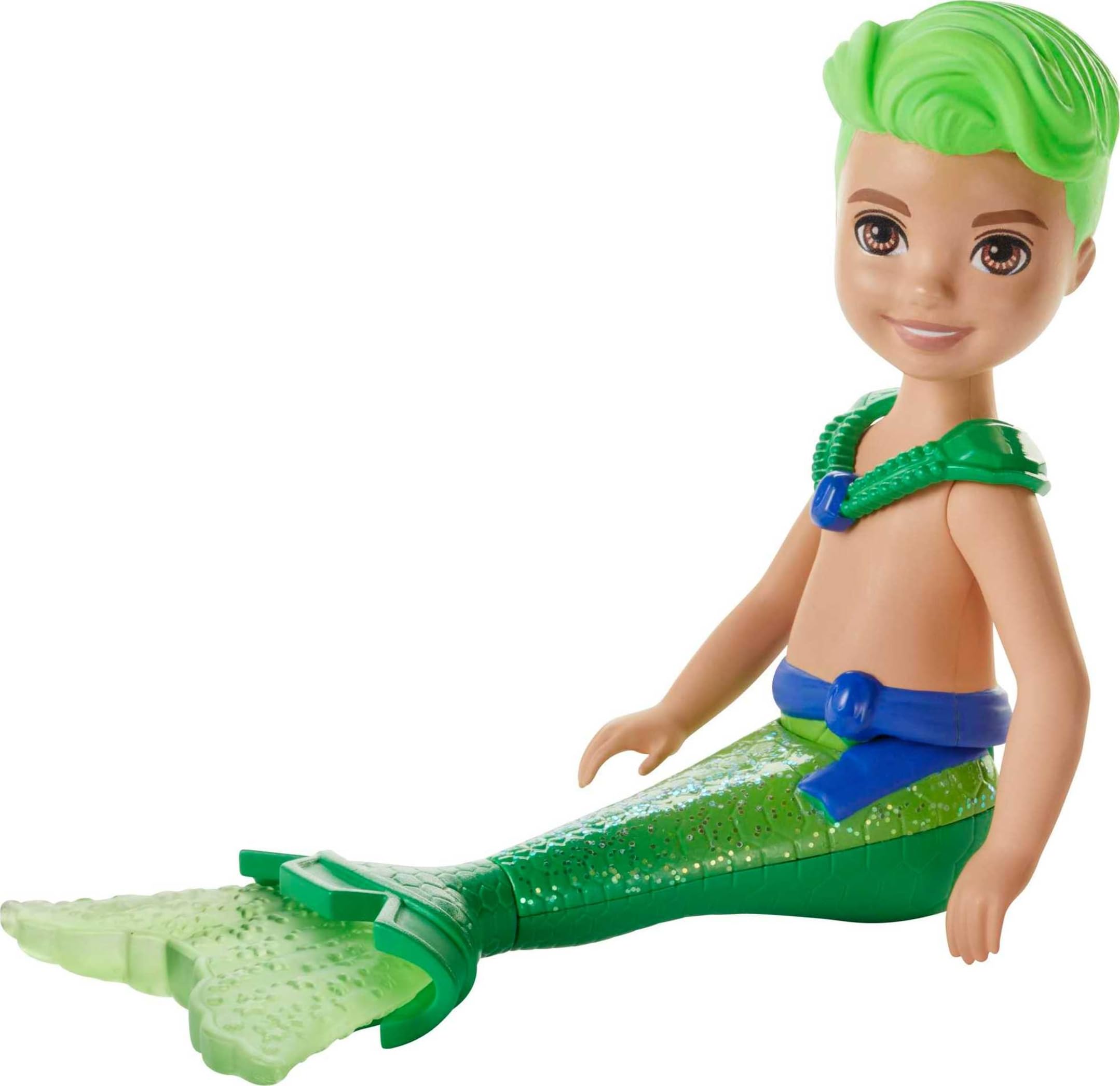 Barbie Dreamtopia Chelsea Merboy Doll with green hair ready for imaginative play.