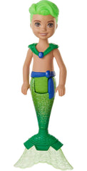 Barbie Dreamtopia Chelsea Merboy Doll shows off a sparkling green tail for splashy pretend adventures.