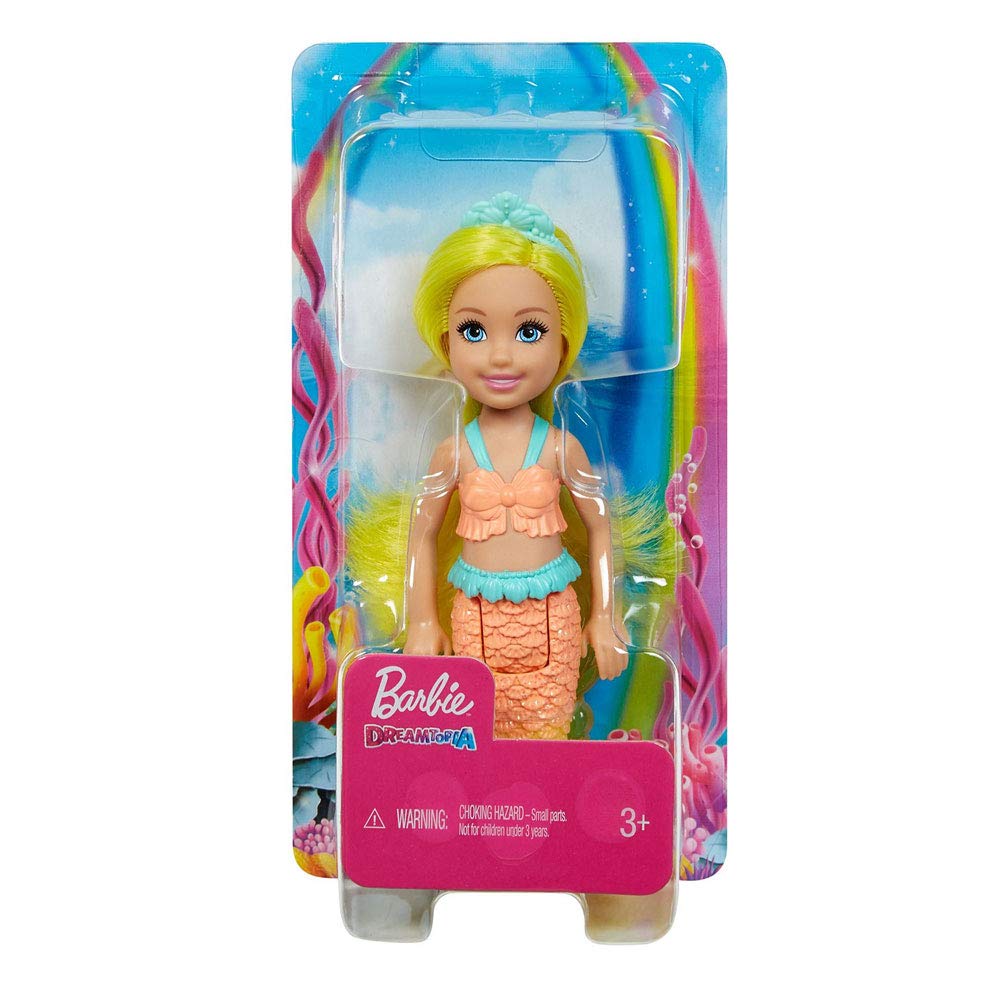 Barbie Dreamtopia Chelsea Mermaid yellow tail sparkle supports storytelling adventures.