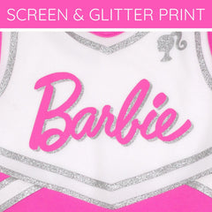 Barbie dress close-up glitter detailing adds fun sparkle.