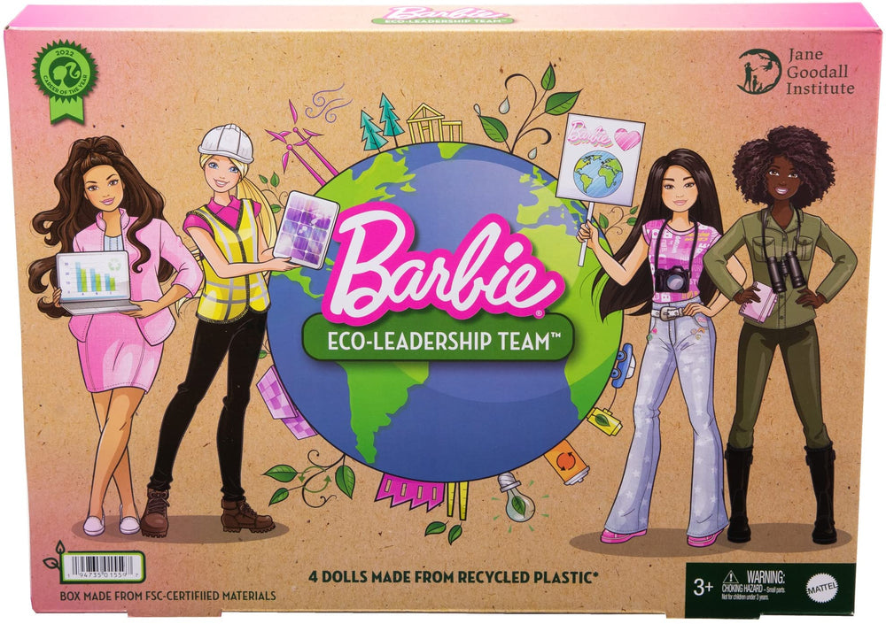 Barbie Eco-Leadership team dolls with accessories enabling imaginative sustainability play.