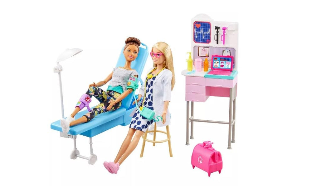 Barbie exam table scene invites caring patient exams and interactive storytelling.