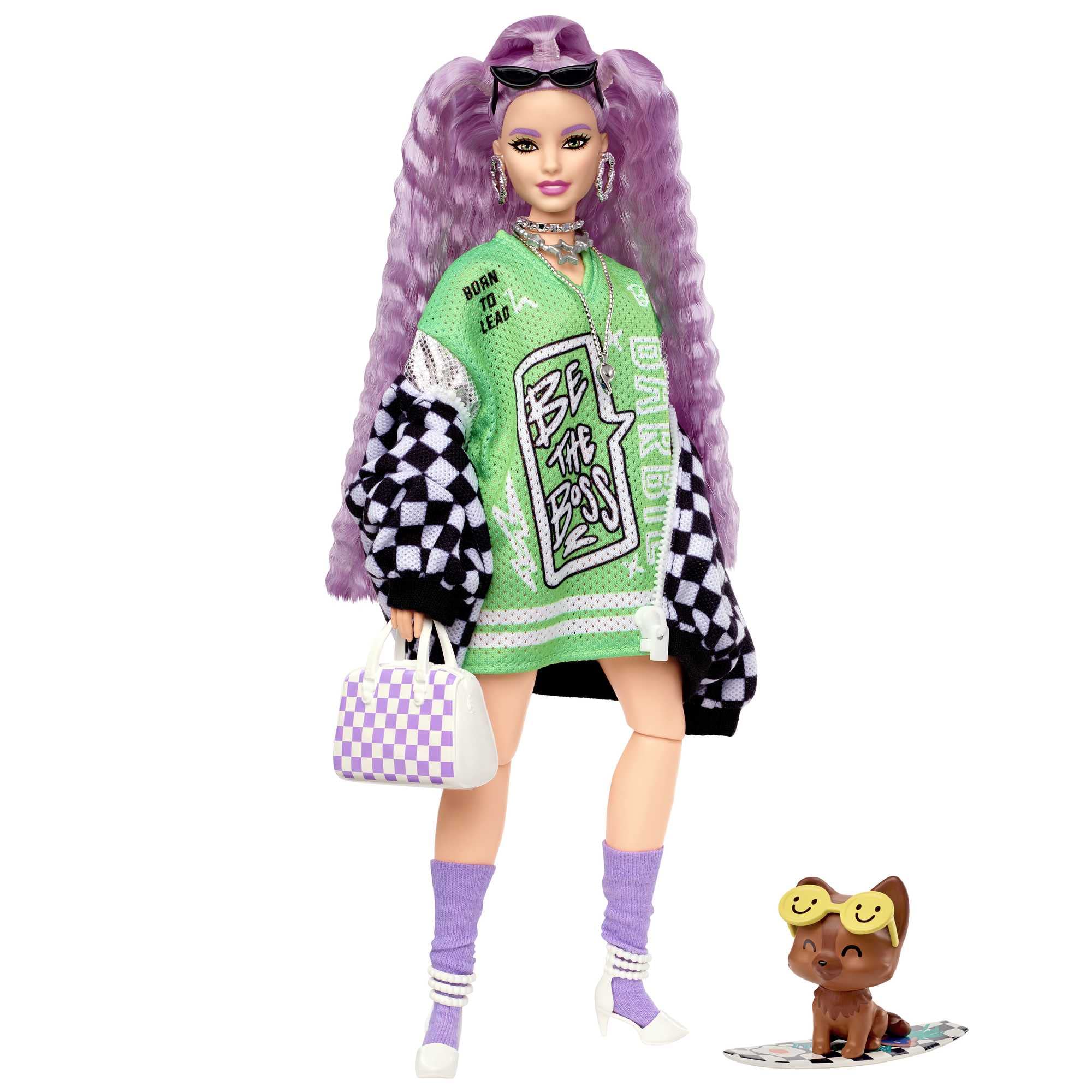 Barbie Extra doll with lavender crimped hair showcases playful, fashion-forward style for imaginative play.