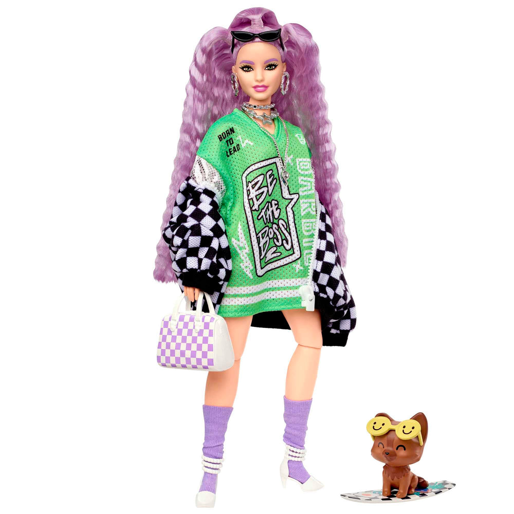 Barbie Extra doll with lavender crimped hair showcases playful, fashion-forward style for imaginative play.